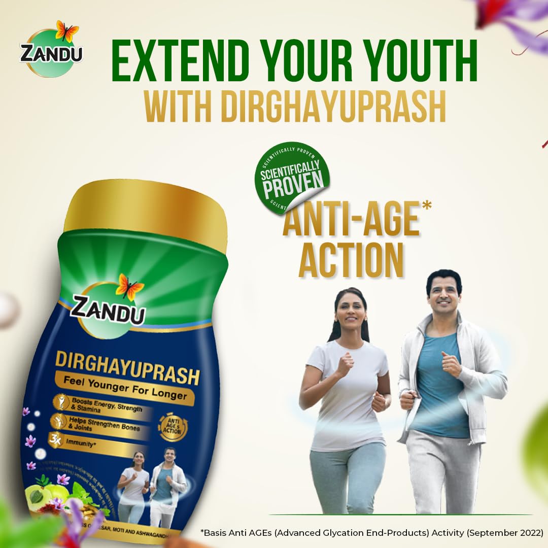 Zandu Dirghayuprash(450g) Anti AGEs Action* | Boosts Energy, Strength, Stamina | Helps Strengthens Bones & Joints | Goodness of Chyawanprash for 3X Immunity# | Helps Delay Skin Ageing | Scientifically Proven