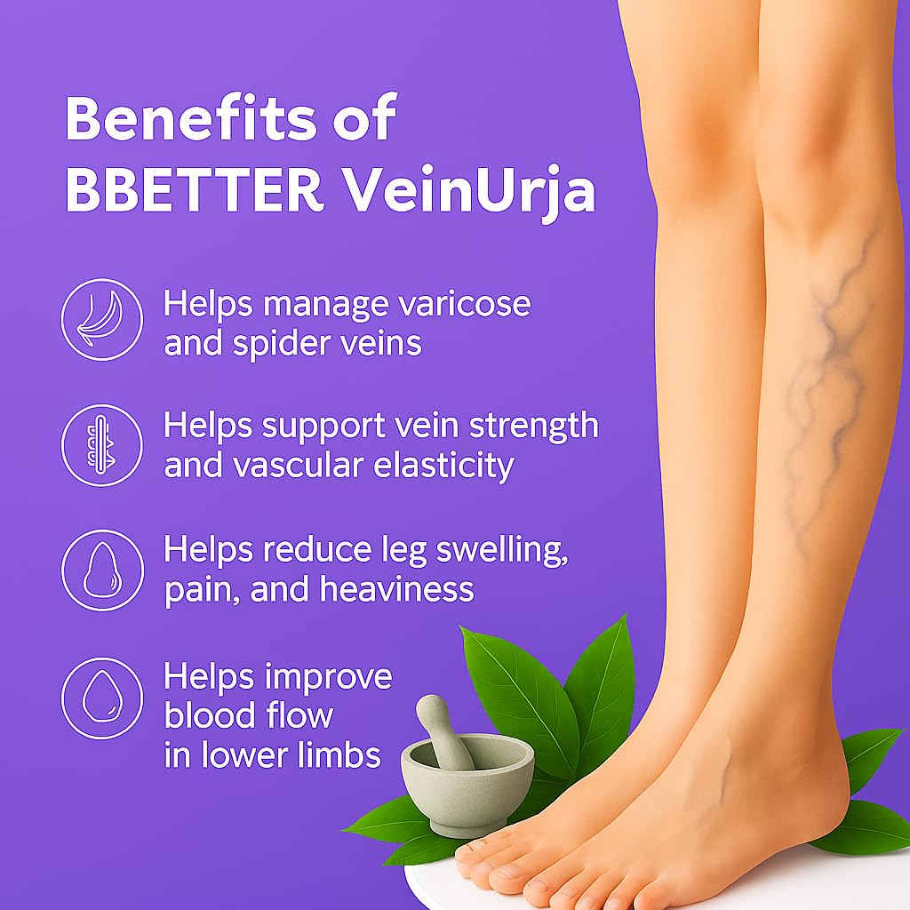 BBETTER VeinUrja Varicose Vein Support | Ayurvedic Supplement for Leg Swelling, Heaviness & Pain Relief | Natural Circulation & Vein Health Formula | 60 Softgels