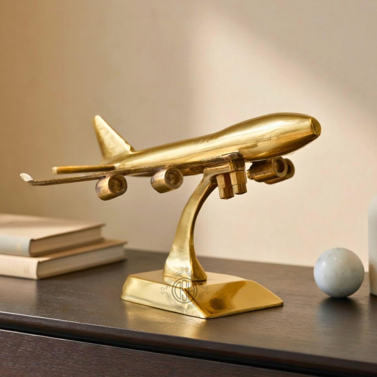 Brass Jet Plane On Stand Table Top Decorative Showpiece for Home Decor & Office Table and Gifting. (Gold)