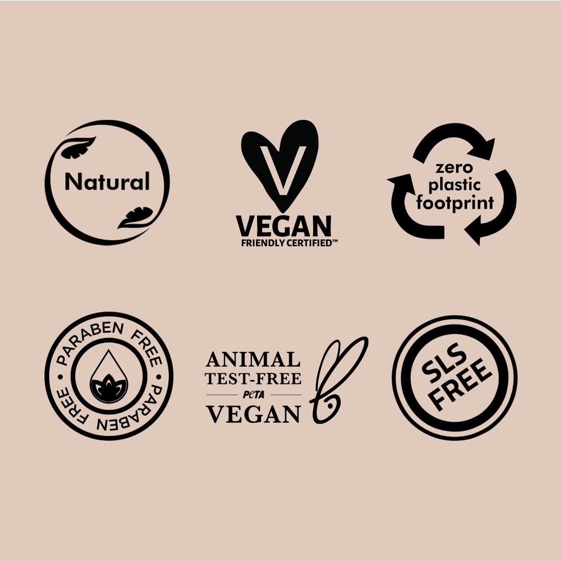 Collection of eco-friendly and ethical certification logos on a beige background