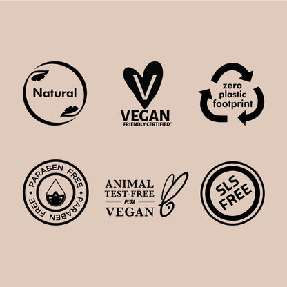 Collection of eco-friendly and ethical certification logos on a beige background