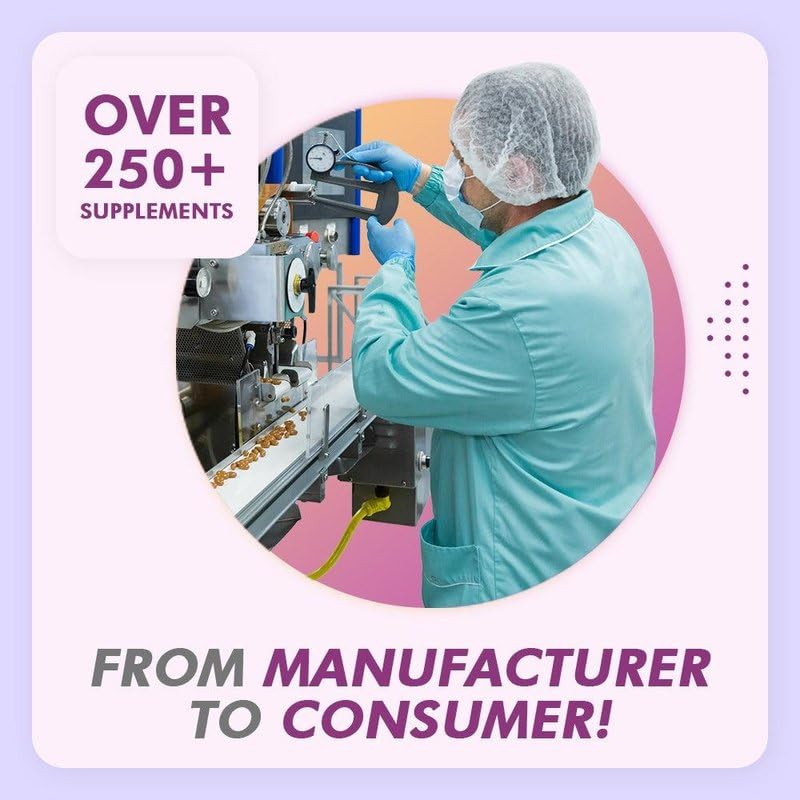 Person in a manufacturing setting with text about supplements from manufacturer to consumer.
