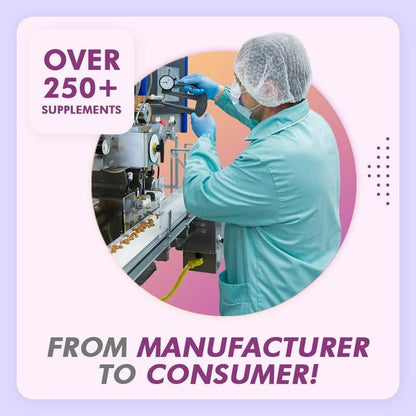 Person in a manufacturing setting with text about supplements from manufacturer to consumer.