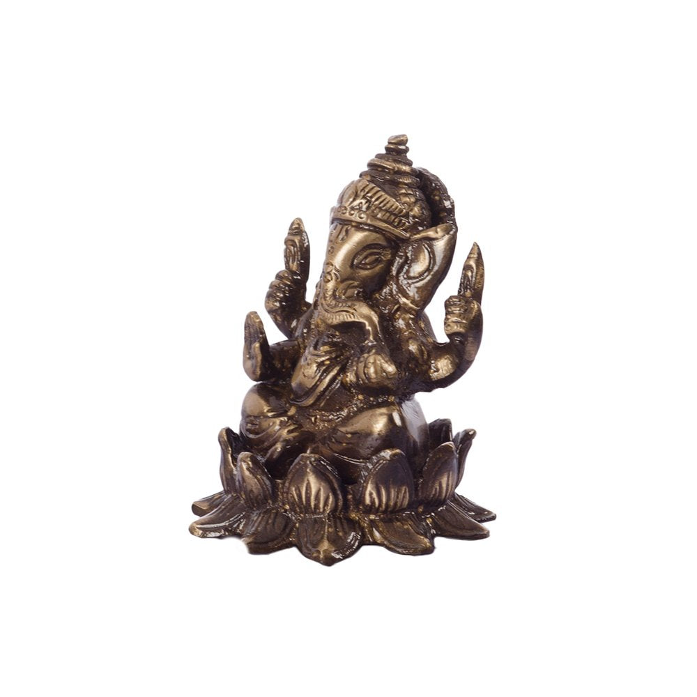 Antique Finish Lord Ganesha on Lotus Brass Idol (6.25 cm x 6.25 cm x 8.75 cm, Brown)