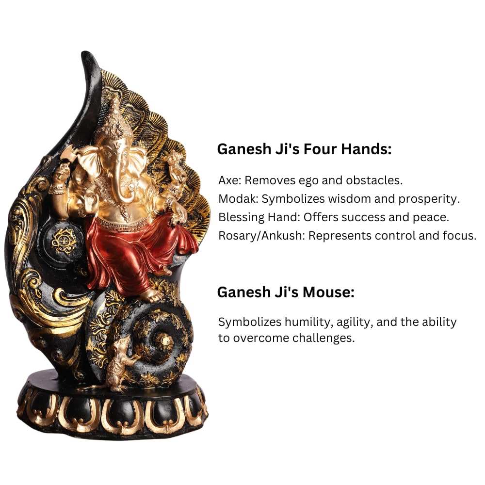 Ganpati Idol Statue | Polyresin Seated on Shankh Design with Red Robe | Showpiece for Mandir, Table, Home Decoration