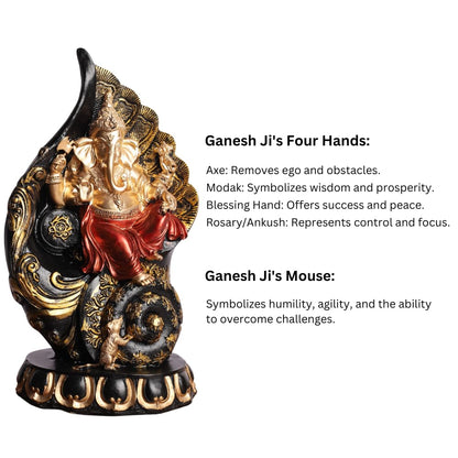 Ganpati Idol Statue | Polyresin Seated on Shankh Design with Red Robe | Showpiece for Mandir, Table, Home Decoration