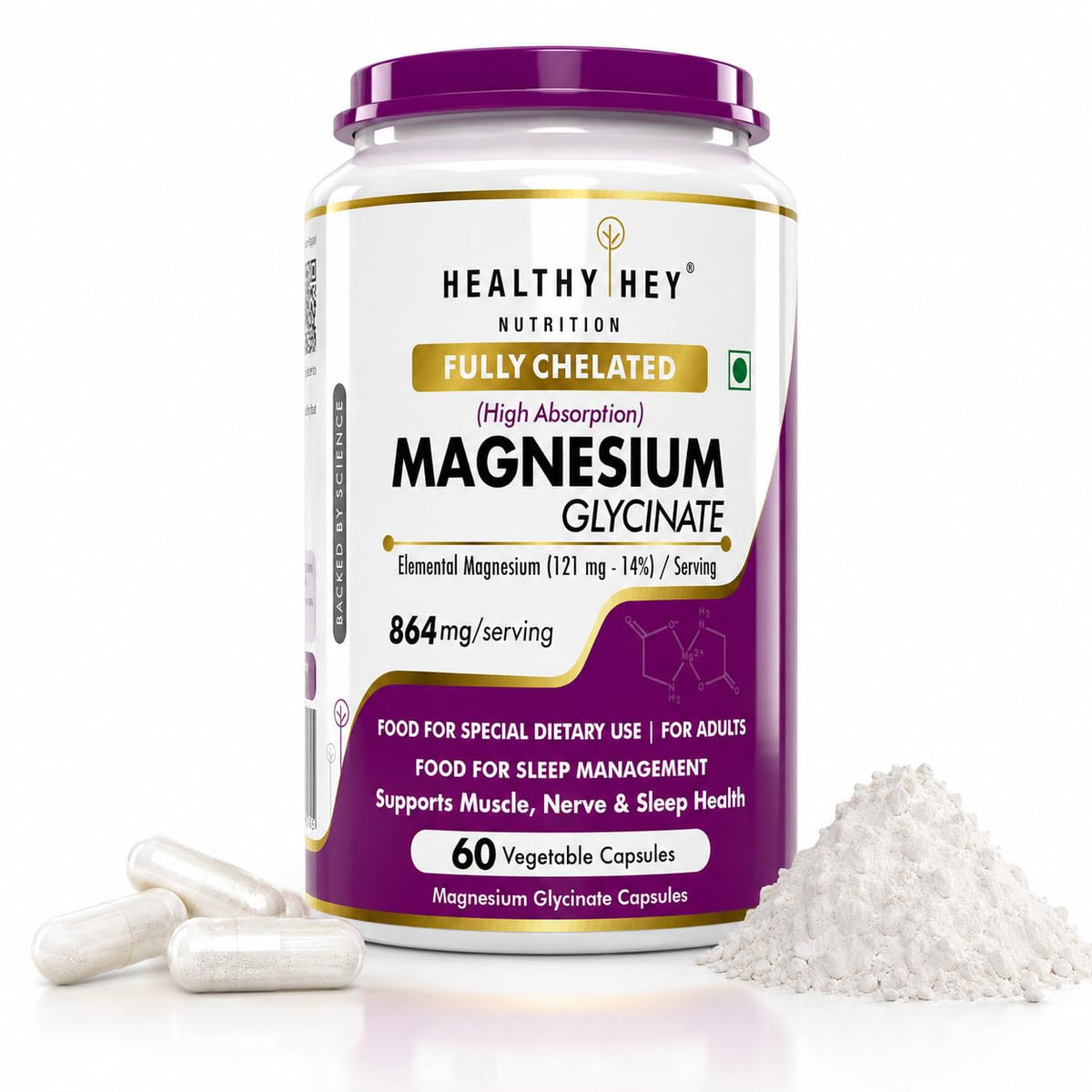 HealthyHey Nutrition Magnesium Glycinate 14% Fully Chelated Supplement High Absorption for Sleep, Cramps, & Nerves Health - 60 Vegetable Capsules