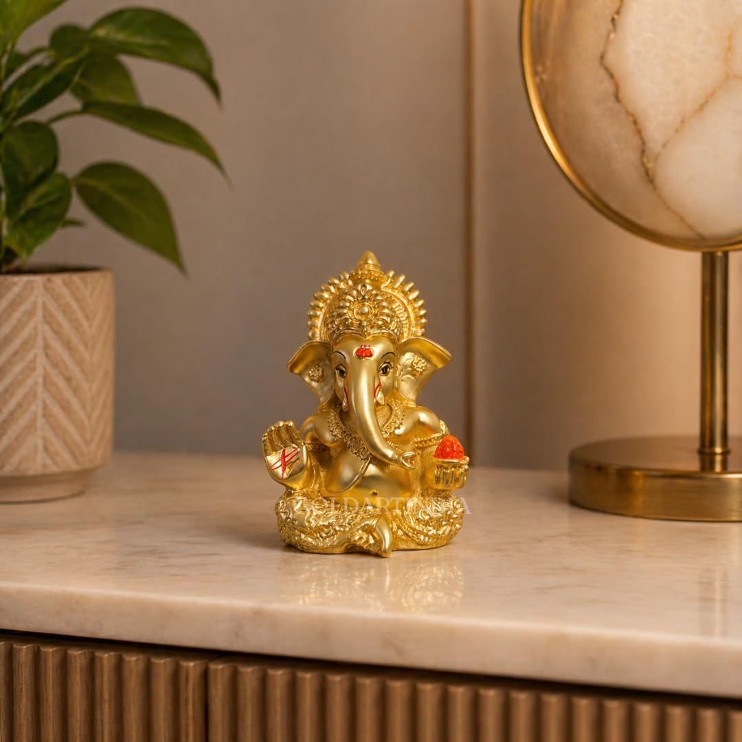 Gold Art India Gold Plated Satin Ganesha/Vinayaka/Vinayagar/Pillayar Idol - Versatile Car Dashboard and Home/Office Decor (MUKUTSATINGOLD 3.5")