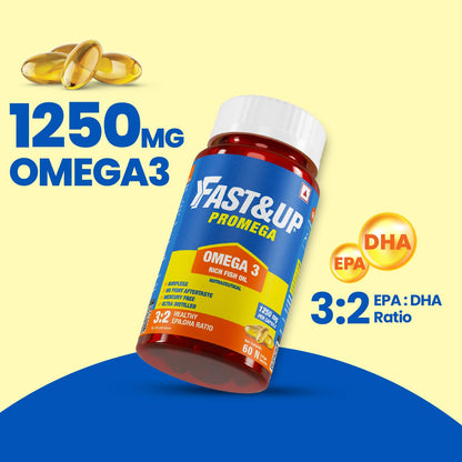 Bottle of Fast&Up Promega Omega 3 supplement with omega 3 capsules on a yellow background