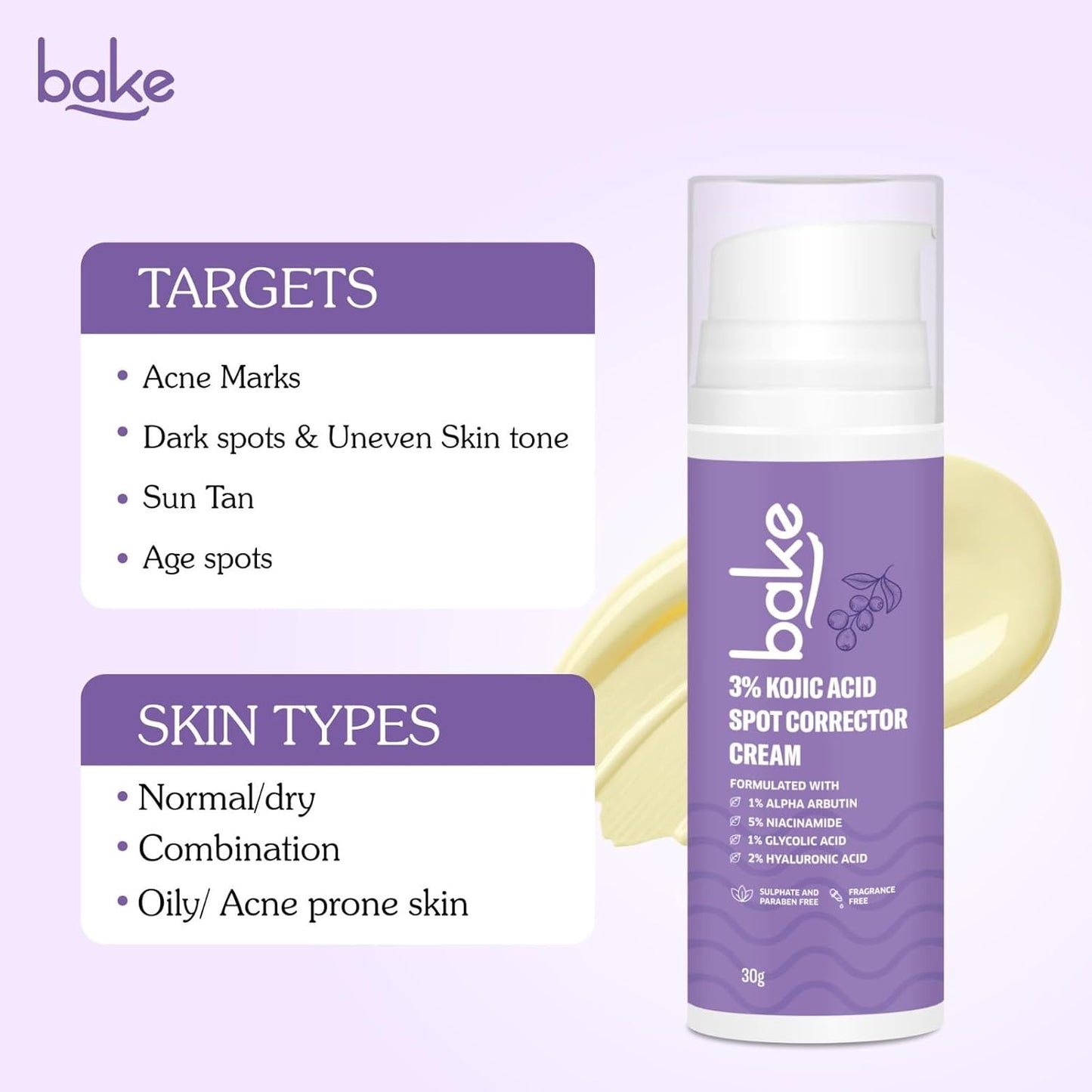 BAKE 3% Kojic Acid Spot Corrector Cream with Alpha Arbutin for Pigmentation, Dark Spots, Under Eye Circles & Even Skin Tone – 30g