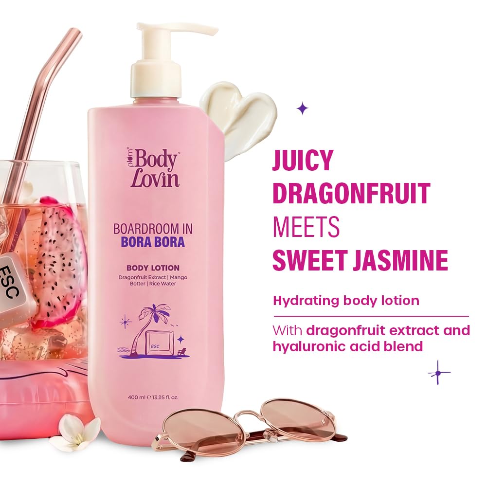 Plum BodyLovin’ Boardroom In Bora Bora Body Lotion | Hydrating & Brightening Body Lotion | Lightweight Hydration | Dragonfruit Extract, Mango Butter & Rice Water | Sweet Tropical Fragrance | 400 ml