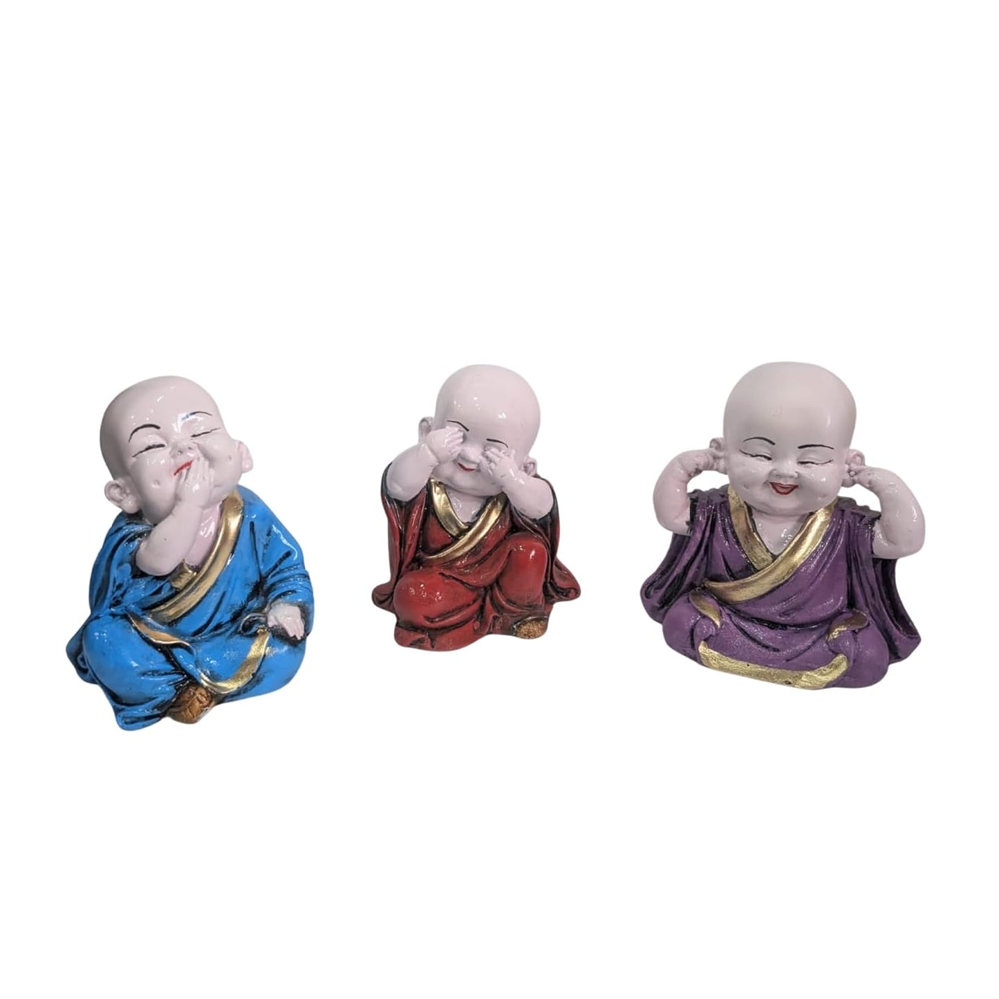 eCraftIndia Resin Blue, Red & Purple Think No Evil, Speak No Evil, Hear No Evil Set of 3 Cute Little Monk Buddha Statues Decorative Showpieces for Car Dashboard, Home & Office Decor