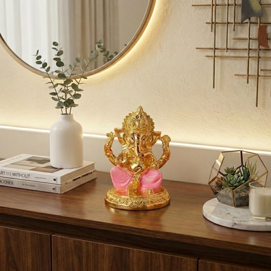 Gold Plated Ganesh Idol | Ganpati Murti for Car Dashboard, Office Desk, Hindu God Gift & Home Decor - Resin (Gold & Pink)
