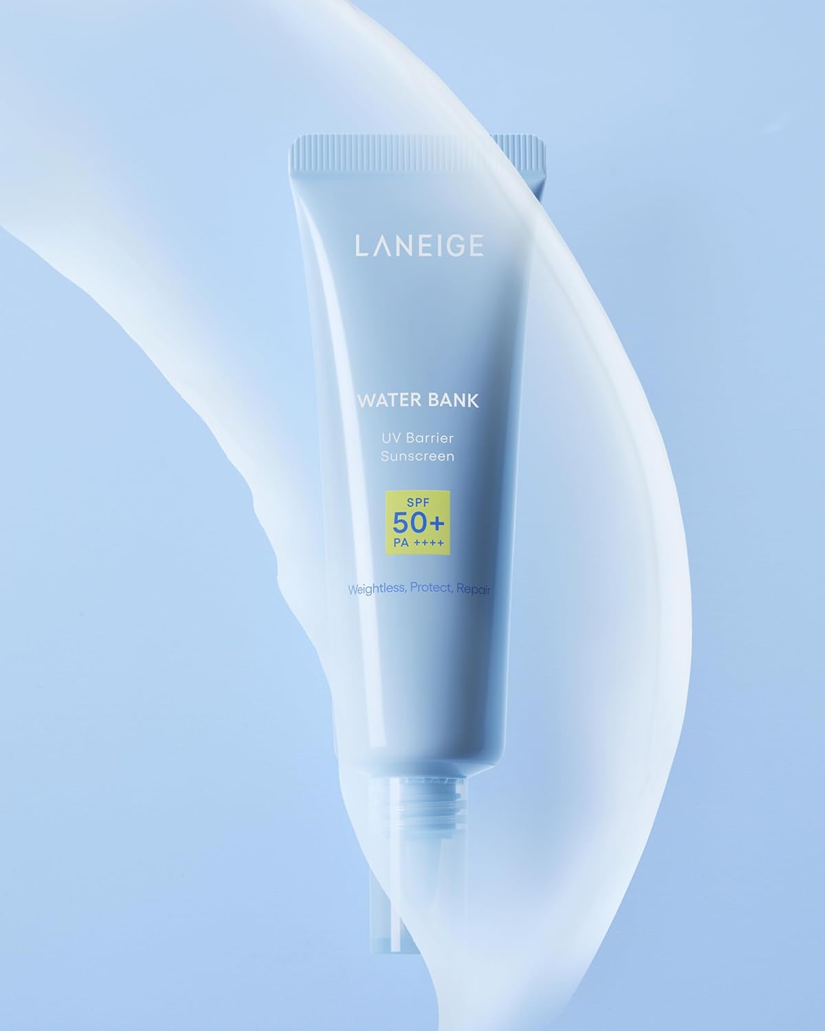 Laneige water bank UV sunscreen tube on a light blue background