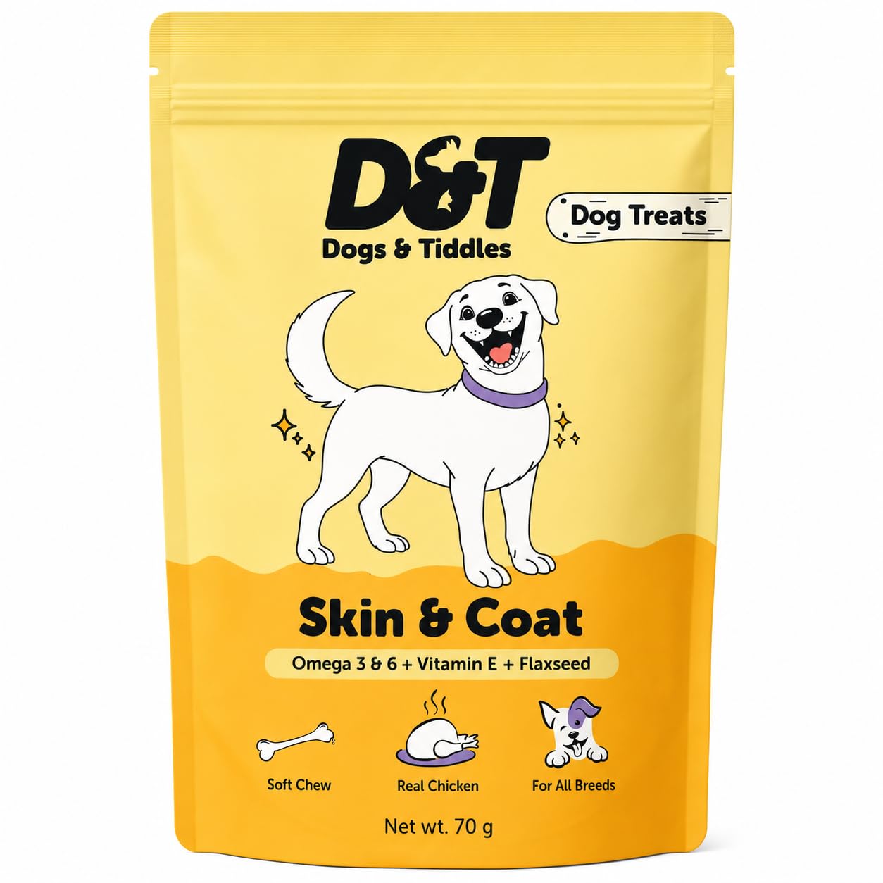 Dogs & Tiddles Skin & Coat Dog Treats for Puppies & Adult Dogs, 70g | Soft & Chewy Real Chicken Treats | with Omega 3 & 6 | Supports Healthy Skin & Shiny Coat
