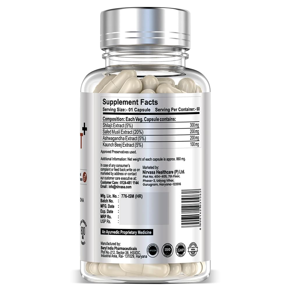 Nirvasa Pure Shilajit/Shilajeet (800mg) 60 Capsules | Boost Strength, Stamina, Energy & Immunity | Supports Vitality, Performance & Muscle Growth | Ashwagandha, Safed Musli & Kaunch Beej