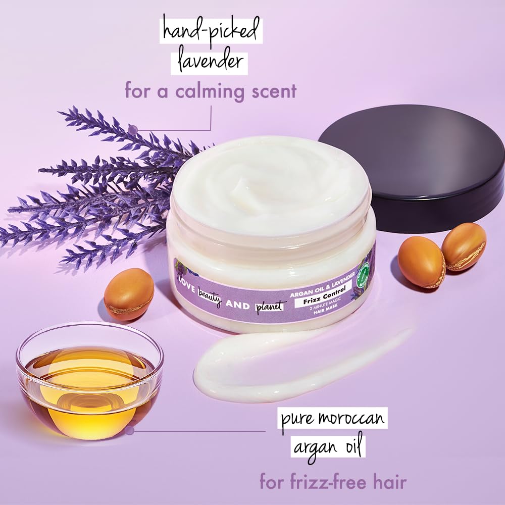 Jar of hair product with lavender, argan oil, and text on a purple background