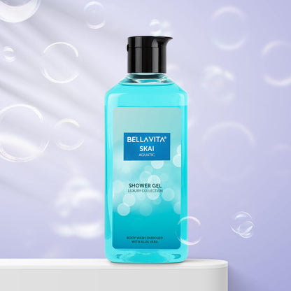 Bottle of Bellavita Skai shower gel on a light purple background with bubbles.