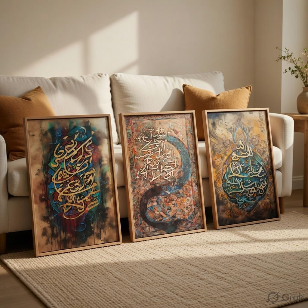 Islamic Calligraphy Wall Painting Set of 3 with Wooden Frames | Arabic Quranic Calligraphy Islamic Wall Art | HD Sparkle Printed MDF Wall Decor for Living Room, Bedroom & Prayer Room