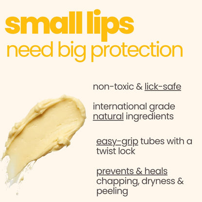 Product packaging with text about lip balm's features on a white background