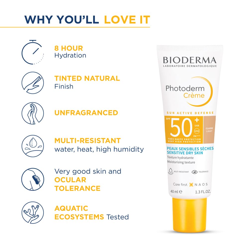 Bioderma Photoderm crème sunscreen tube with features listed on a white background