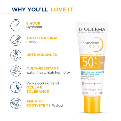 Bioderma Photoderm crème sunscreen tube with features listed on a white background