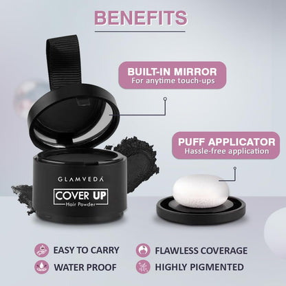 Glamveda Cover-Up Hair Powder Black | Instantly Covers Grey Roots, Bald Spots & Thinning Hair | Hairline Filler for Fuller & Denser Looking Hair | Highly Pigmented Matte Finish | Long-Lasting Coverage | 4g