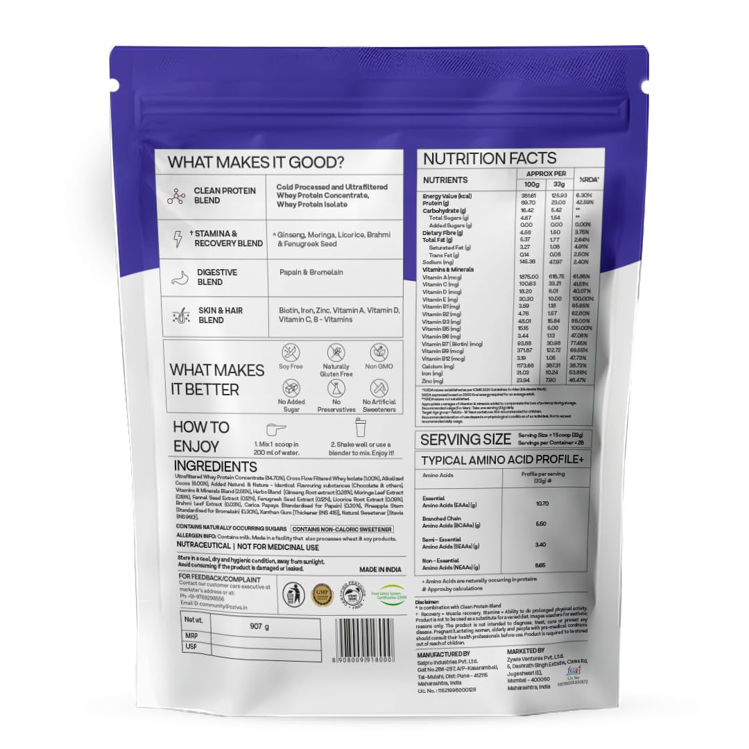 OZiva Protein & Herbs for Men (Banana Caramel) I Muscle Building, Stamina & Recovery | Clean Protein, Shatavari, Green Tea I No Added Sugar, 2lbs (907gm)