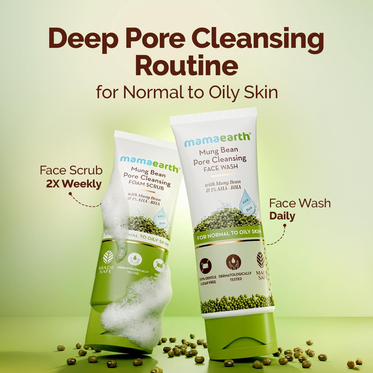 Mamaearth Mung Bean Pore Cleansing Face Wash with Mung Bean, AHA & BHA - 100 ml | For Normal to Oily Skin | India's 1st 100% Soap-Free Face Wash for Deep Pore Cleansing | Made Safe Certified | Oil Control | Tan Removal
