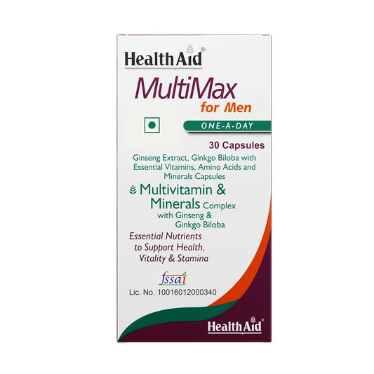 HealthAid MultiMax for Men |30 Vegetarian Liquid fill Capsules| With Ginseng, Zinc | 12 Vitamins & 8 Minerals | For Daily Energy, Stamina & Immunity