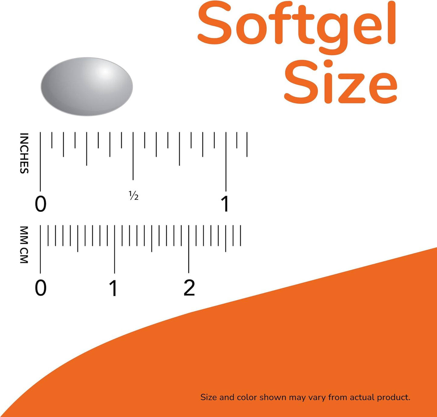 Measurement chart for softgel size with a ruler and a softgel illustration on an orange background.