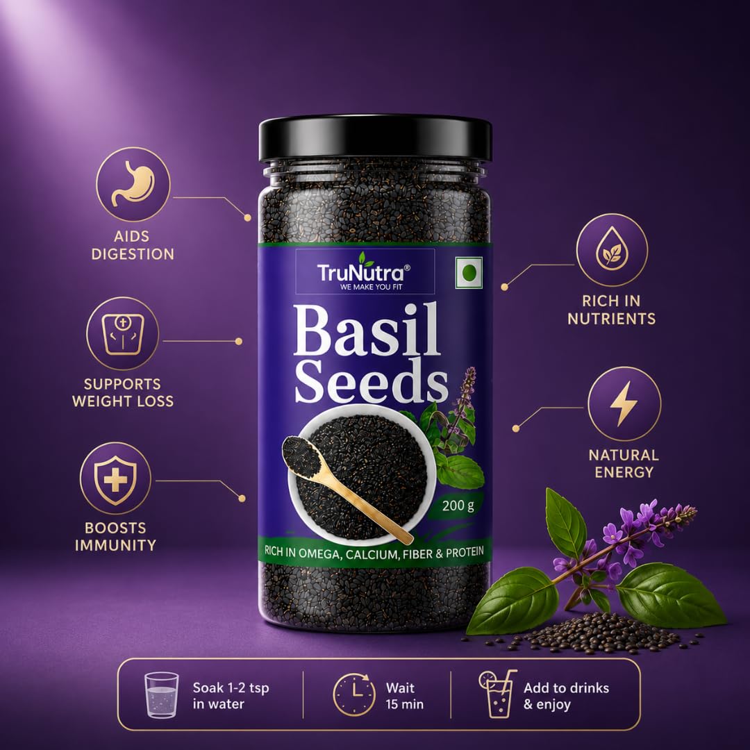 TruNutra Basil Seeds (Sabja Seeds) 200g, Natural Superfood for Falooda & Detox Drinks, Rich in Dietary Fiber, Omega-3 & Antioxidants, Vegan, Gluten-Free & Keto