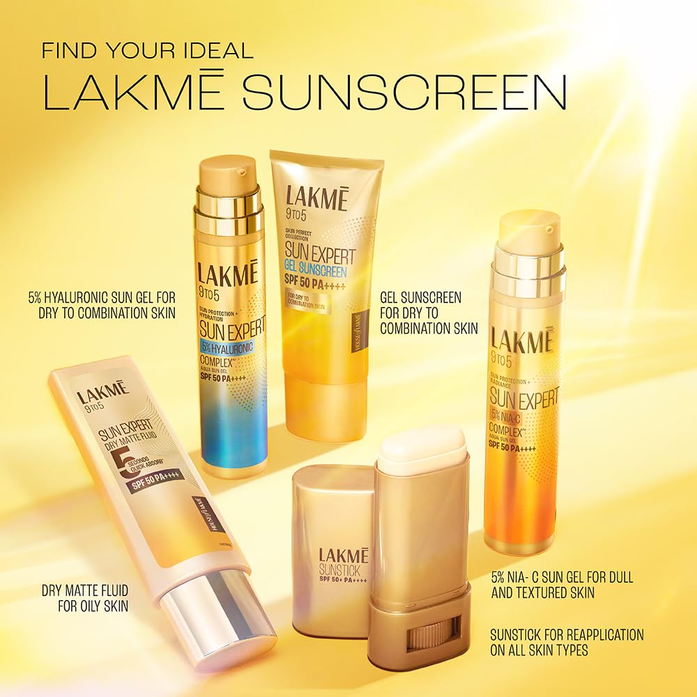 Lakme Sunscreen products on a yellow background with text promoting ideal sunscreen.