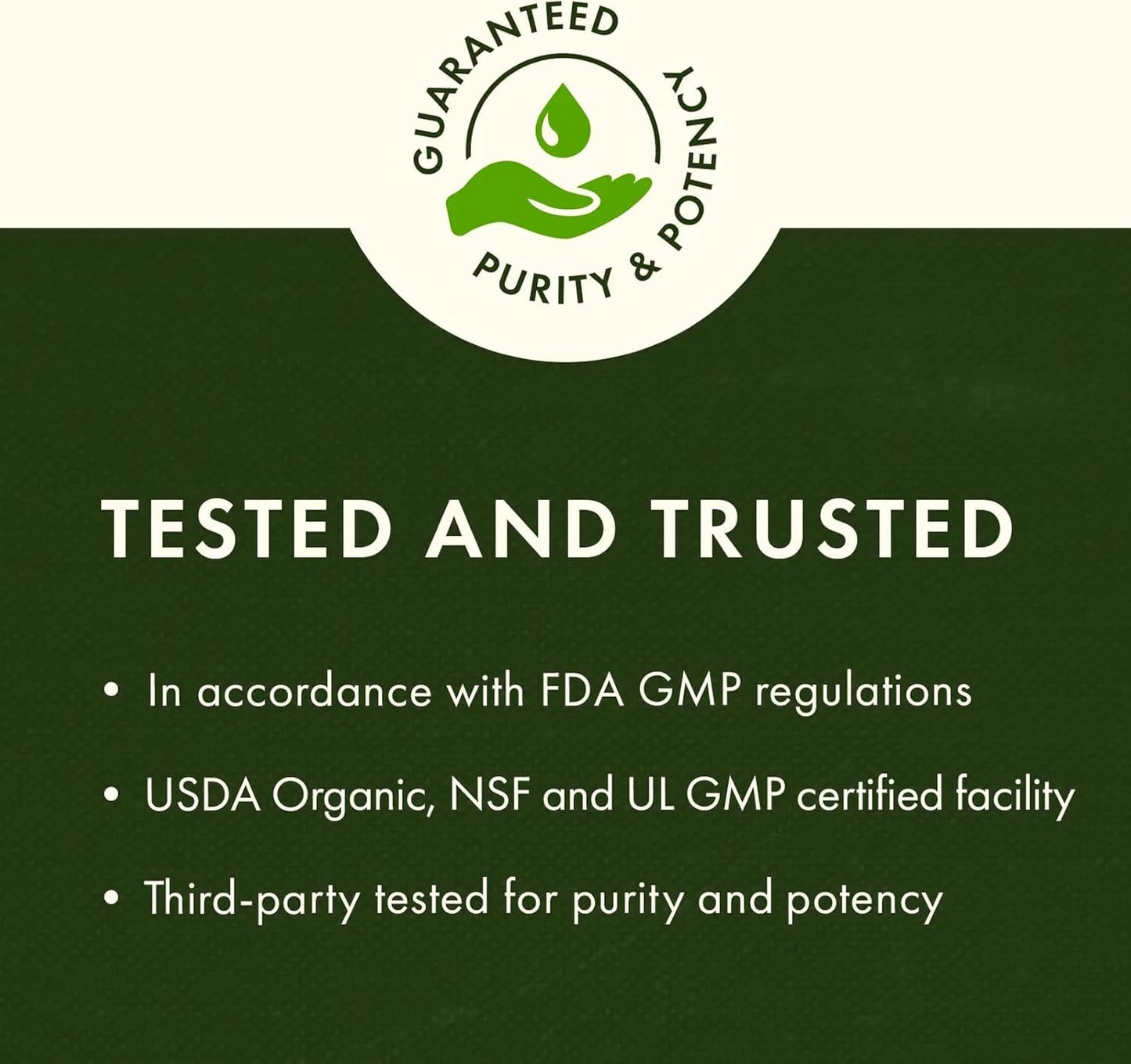 Certification badge for purity and potency with text on a green background