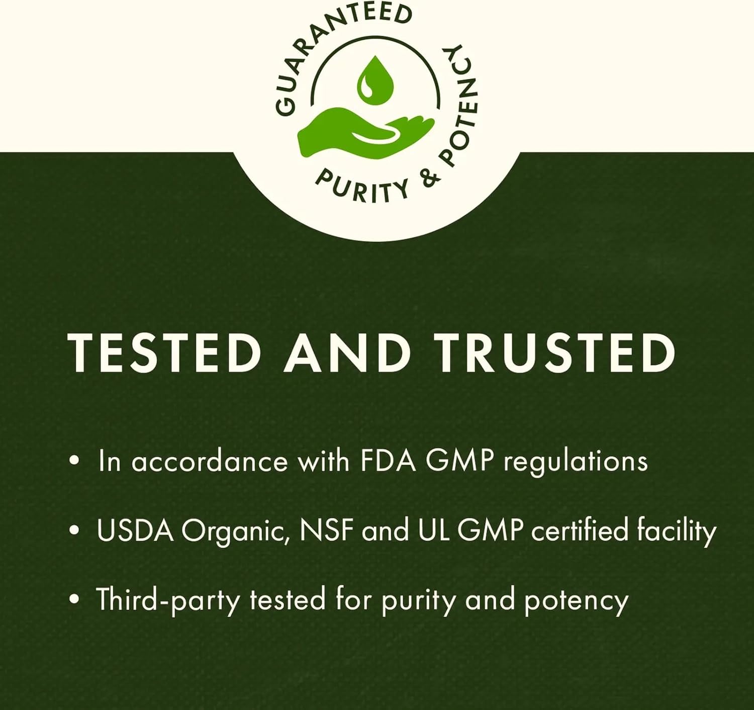 Certification badge for purity and potency with text on a green background