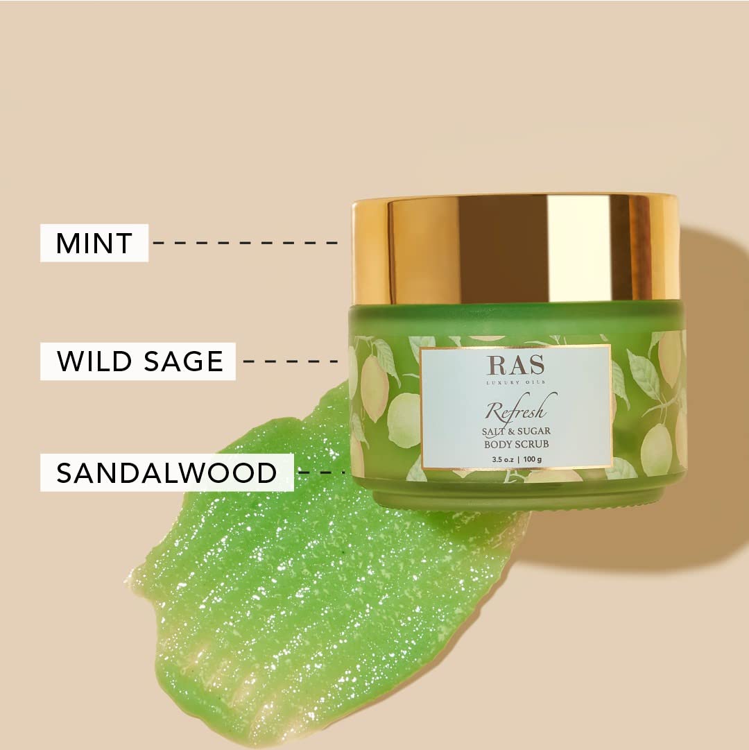 RAS Luxury Oils Refresh Hydrating Body Scrub, Exfoliates & Reduces Tan; Wild Sage & Sea Salt; Sugar & Salt Body Scrub; For Men & Women; 100g