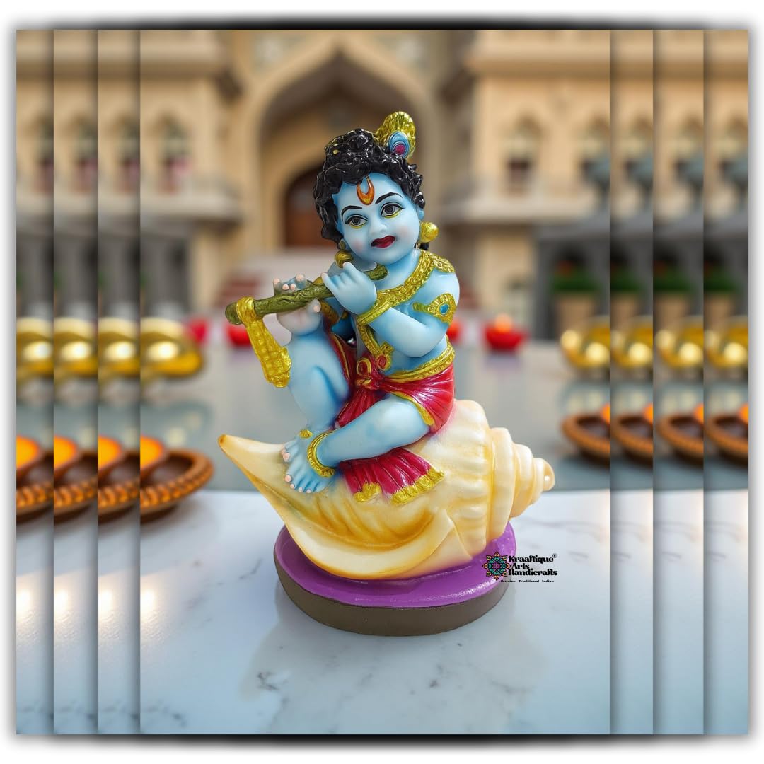 Lord Krishna Idol for Home Decor & Temple, Laddu Gopal Murti Statue, Marble Dust Resin Bal Gopal Murti for Pooja Room, Janmashtami Decoration, Handcrafted Krishna Showpiece Gift, 13 cm