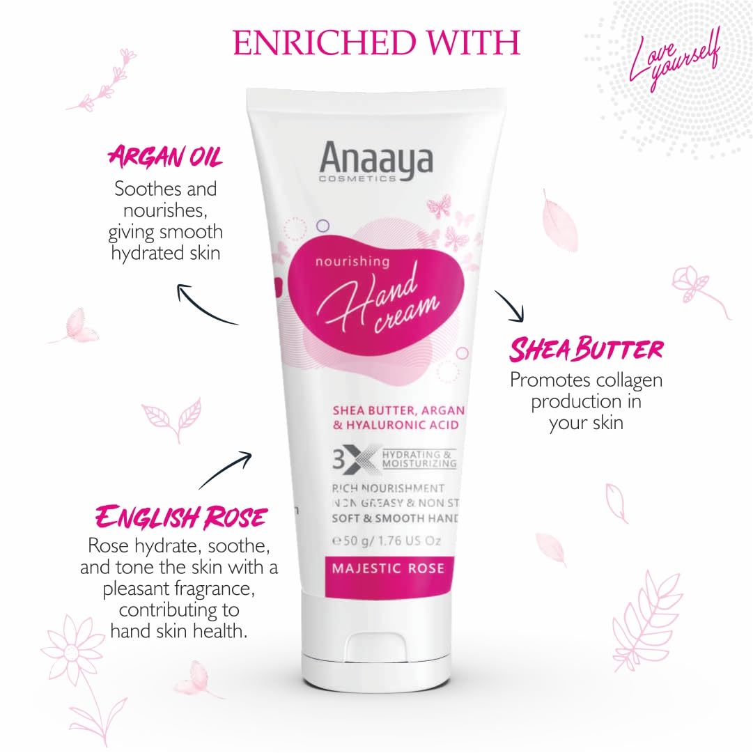 Anaaya Nourishing Hand Cream | Majestic Rose | Shea Butter & Cocoa Butter with Argan Oil & Hyaluronic | Soft & Moisturizing | Vegan & Paraben Free (50g)