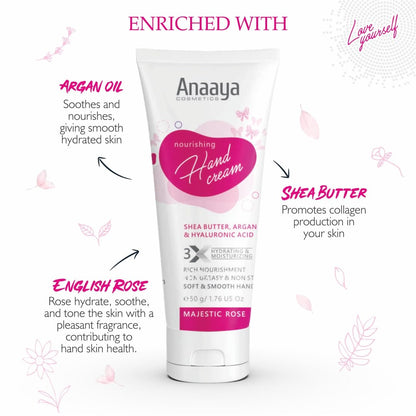 Anaaya Nourishing Hand Cream | Majestic Rose | Shea Butter & Cocoa Butter with Argan Oil & Hyaluronic | Soft & Moisturizing | Vegan & Paraben Free (50g)
