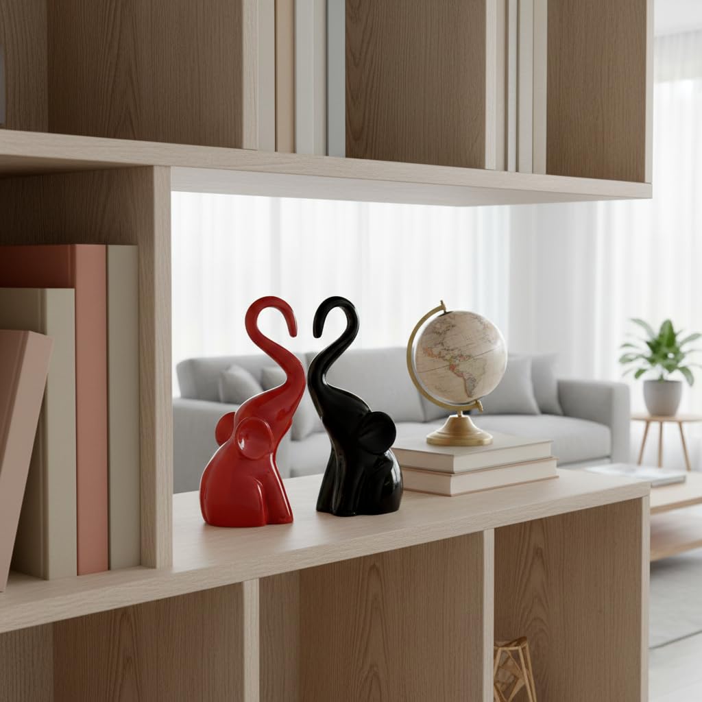 CraftVatika Home Décor Elephant Couple Showpiece Statue for Good Luck Fengshui, Decorative Items Figurine for Home Decoration Living Room Bedroom Housewarming Wedding Gift (Set of 2, Red & Black)