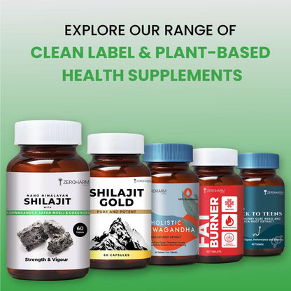ZEROHARM Nano Himalayan Shilajit With Ashwagandha, Safed Musli & Goksura | Boosts Fitness, Stamina | Improves Energy, Performance & Helps Manage Stress | For Men and Women | 60 Shilajit Tablets