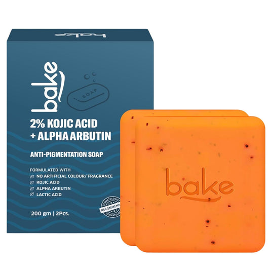 BAKE 2% Kojic Acid Scrub Treatment Soap (200 Gms) for Pigmentation, Dark Spots, Tan Removal, Brightens Underarms | With Alpha Arbutin, Lactic Acid & Niacinamide | Soap for Women & Men | 100g x 2