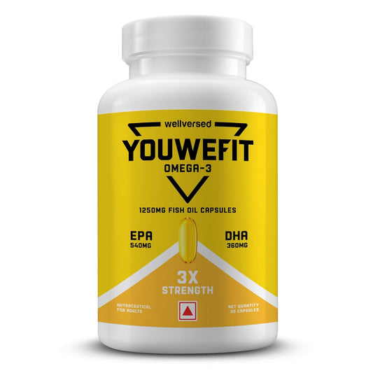 YouWeFit Triple Strength Omega 3 Fish Oil Capsules - Soft Gels With 540mg EPA & 360mg DHA To Support Heart & Joint Health | Omega 3 Supplement 1250mg