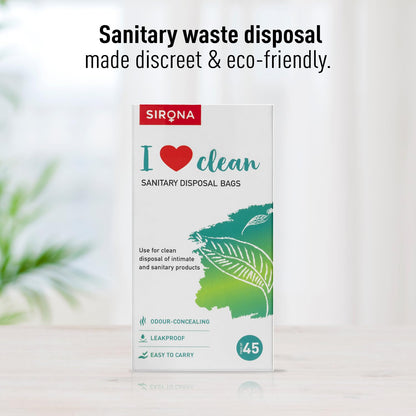 Sirona sanitary disposal bags packaging with text 'Sanitary waste disposal made discreet & eco-friendly.'