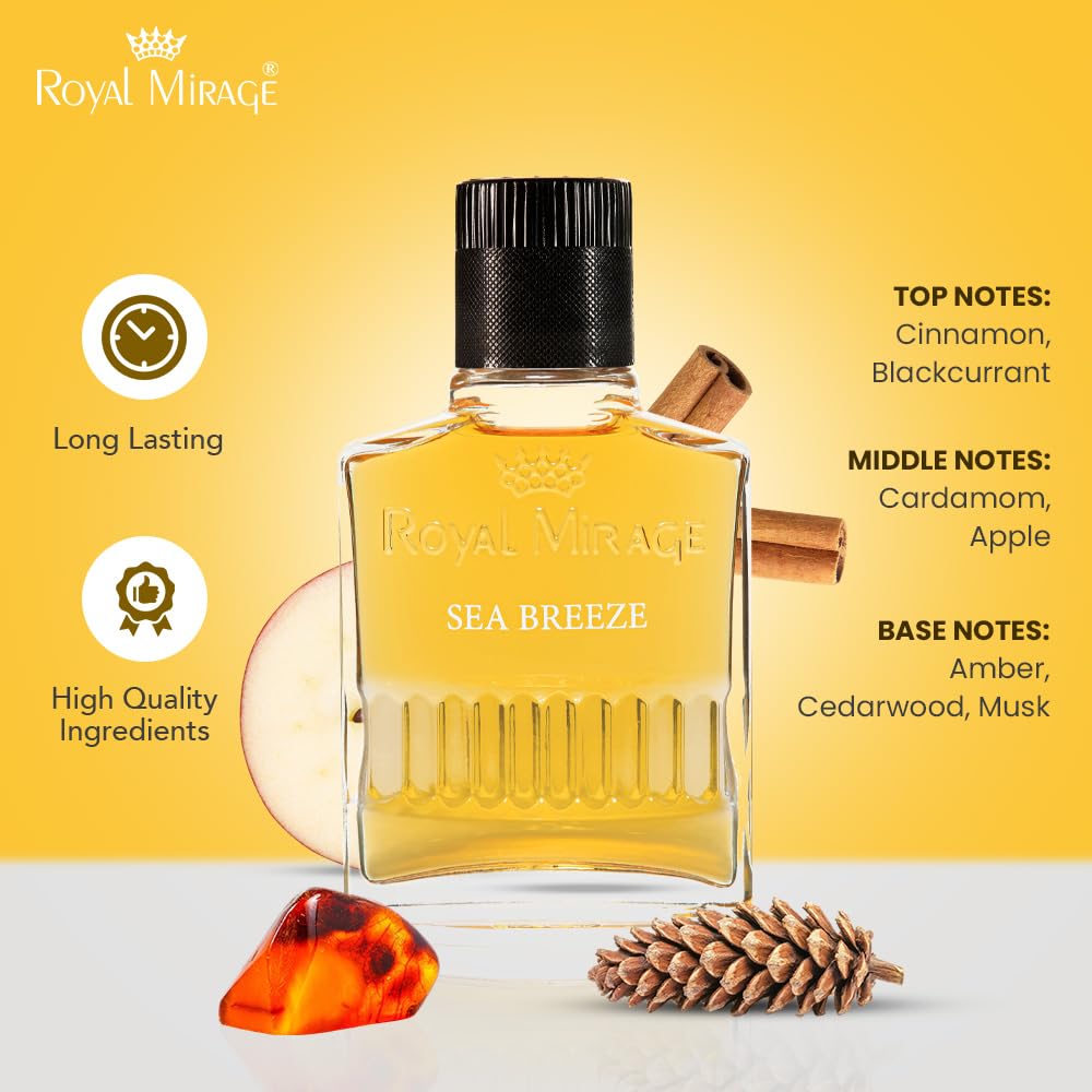 Royal Mirage Sea Breeze perfume bottle with product details on a yellow background