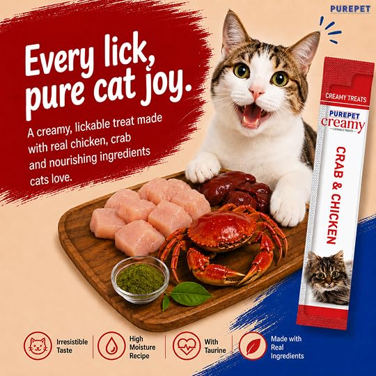 Purepet Creamy Lickable Cat Treats(15g x 24 Pieces) 360g | Crab & Chicken Flavour | Rich in Protein | Taurine for Heart & Vision | Ideal for Training | Promotes Hydration| for Kitten & Adult Cats