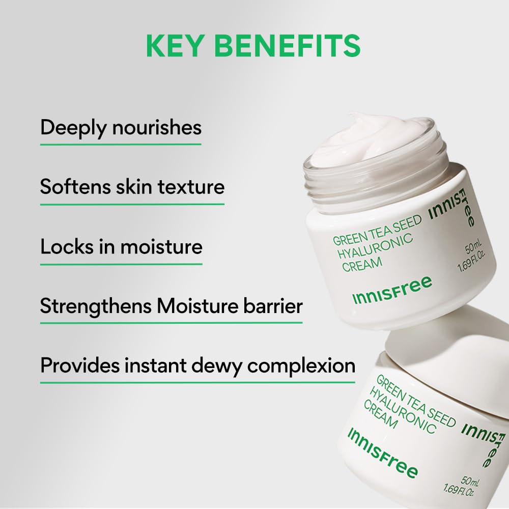 Innisfree Green Tea Seed Moisturiser with Hyaluronic Acid 50Ml| Hydrating & Soothing Face Cream | Non oily & Sticky | Korean Skincare for Dry & Dehydrated Skin For Dry Skin, Normal & Sensitive Skin