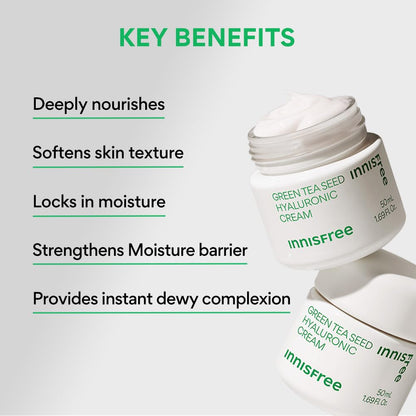 Innisfree Green Tea Seed Moisturiser with Hyaluronic Acid 50Ml| Hydrating & Soothing Face Cream | Non oily & Sticky | Korean Skincare for Dry & Dehydrated Skin For Dry Skin, Normal & Sensitive Skin