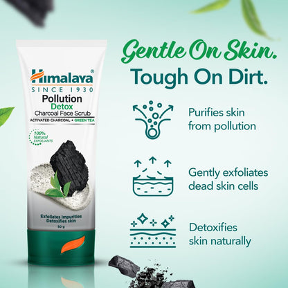 Himalaya Pollution Detox Charcoal Face Scrub packaging with product features on a light green background