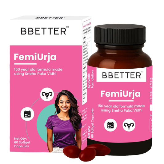 BBETTER FemiUrja | Ayurvedic Menstrual Health Support with Saptasaram Ghrutham – Hormonal Balance, PMS Relief & Digestive Support – 60 Softgels
